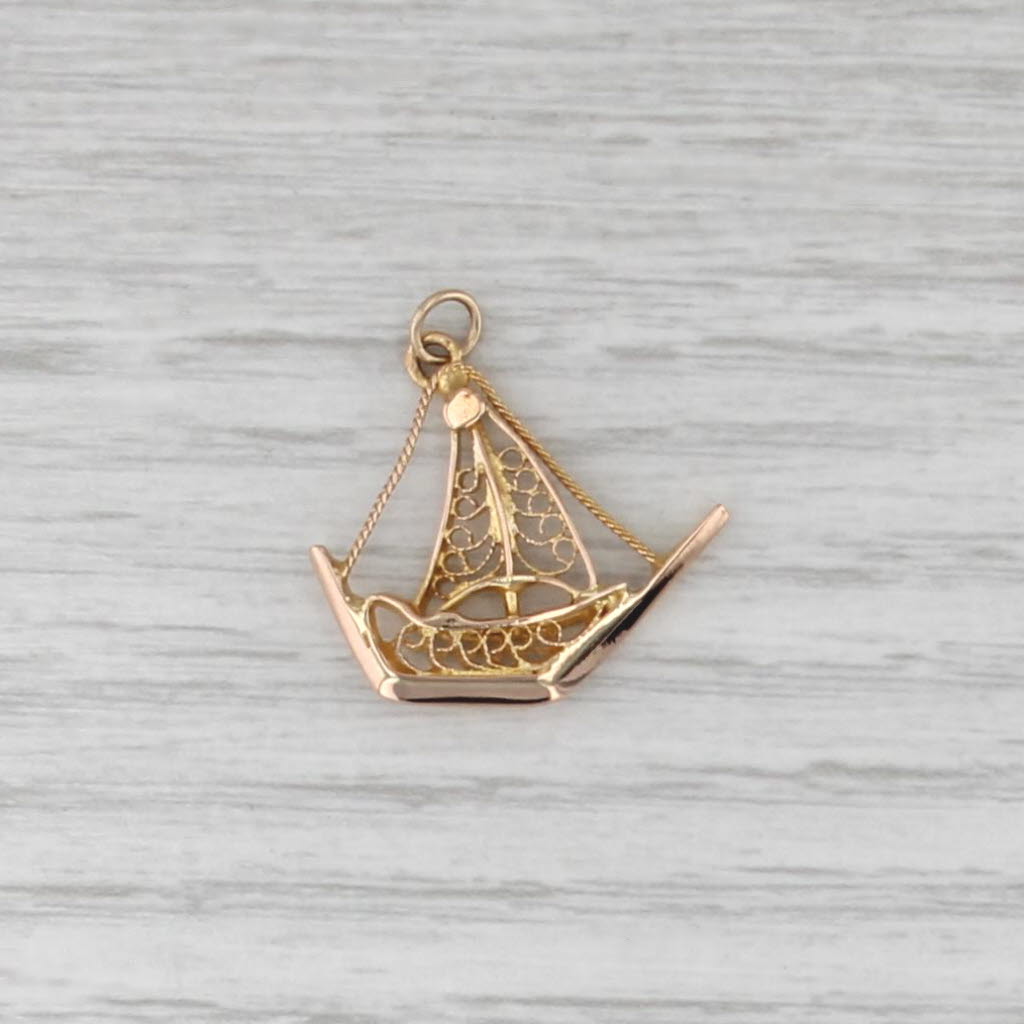 Handmade Vintage Filigree Sailboat Charm 18k Yellow Pendant