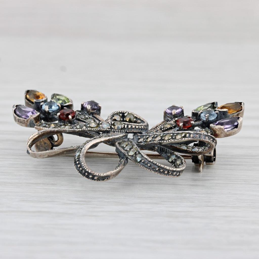 Light Gray Vintage 1.92ctw Gemstone Bow Brooch Sterling Silver Amethyst Citrine Peridot Pin