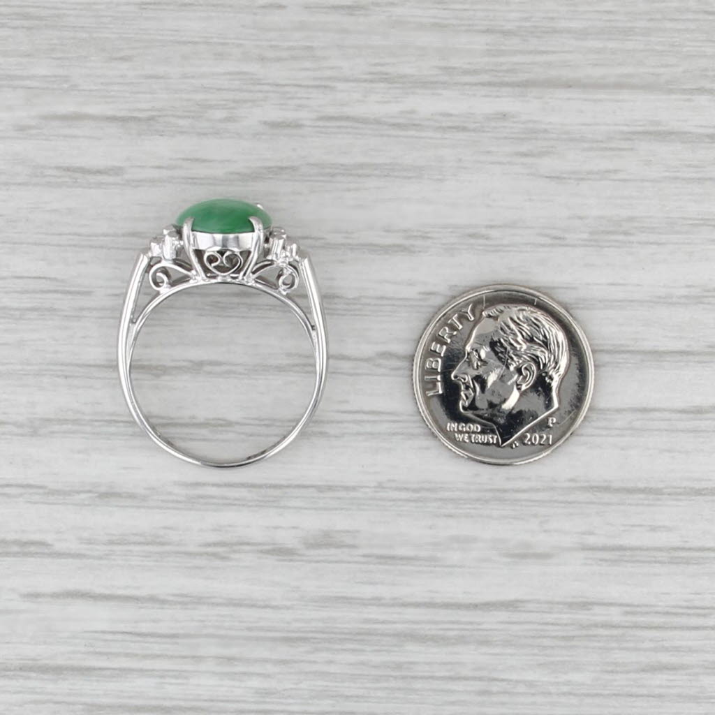 Green Jadite Jadeite Jade Ring 14k White Gold Oval Cabochon Solitaire Size 7.5