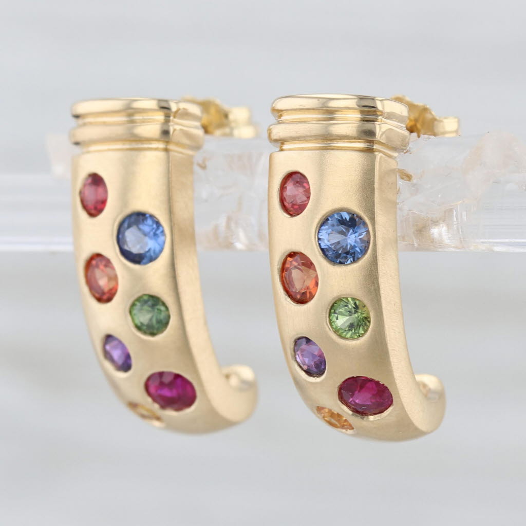 1.40ctw Multicolor Sapphire Ruby Dots J-Hook Earrings 18k Yellow Gold Drops