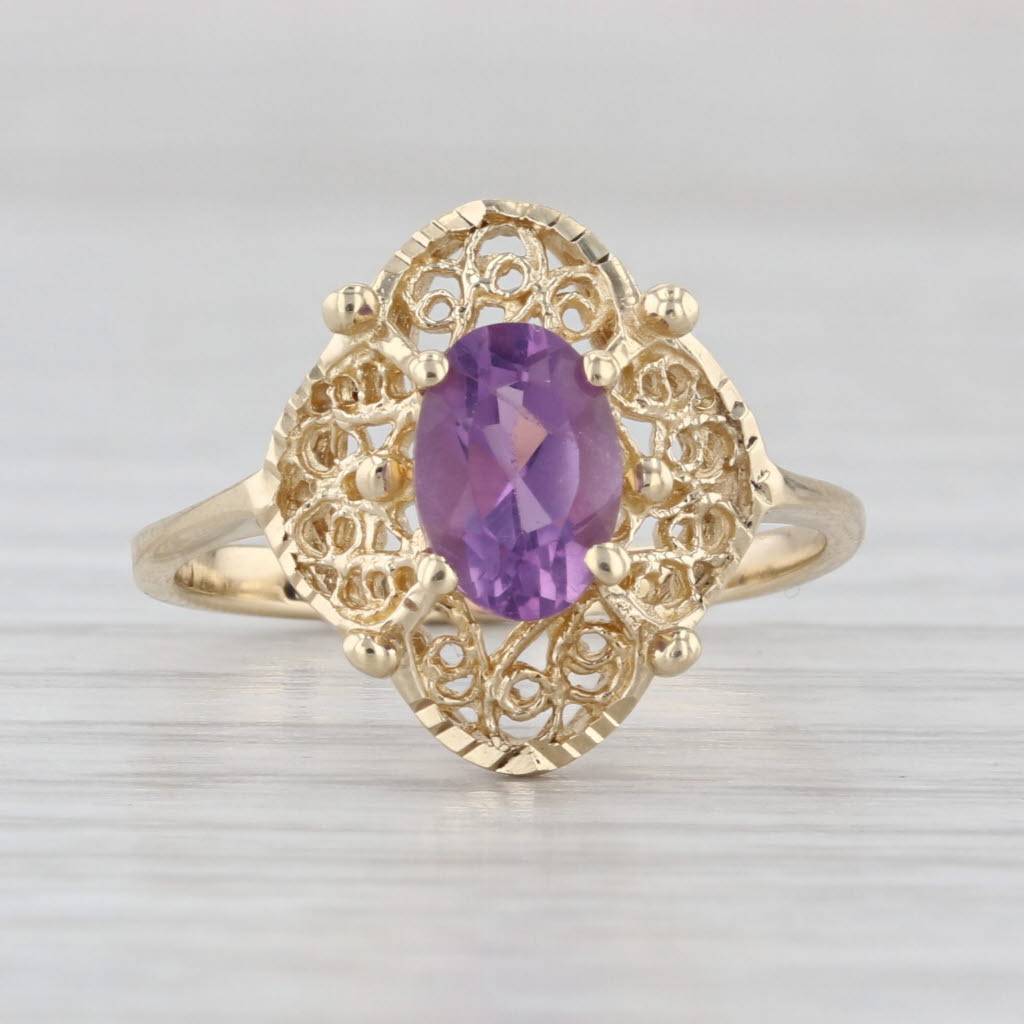 Vintage 0.75ctw Amethyst Solitaire Filigree Ring 10k Yellow Gold Size 6