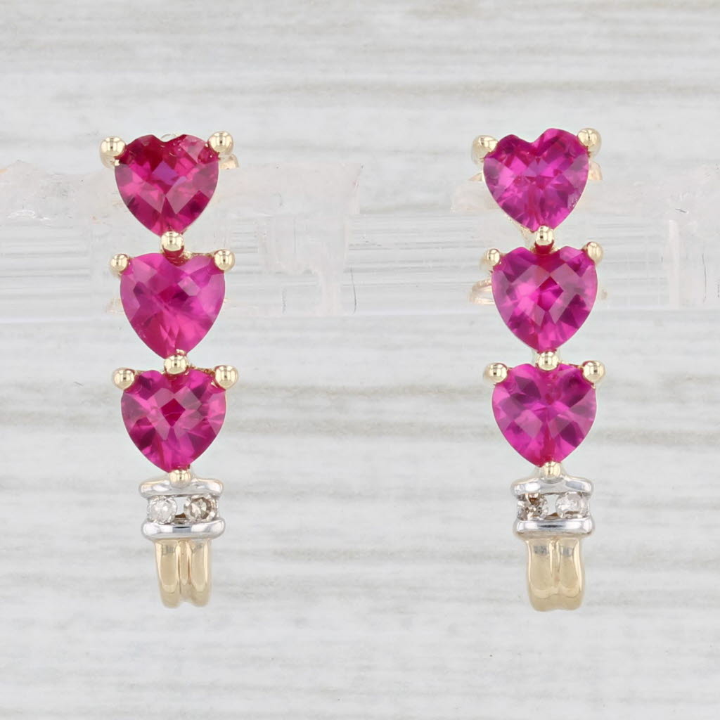 Light Gray 2ctw Lab Created Ruby Hearts Journey J-Hook Earrings 10k Gold Diamond Accents