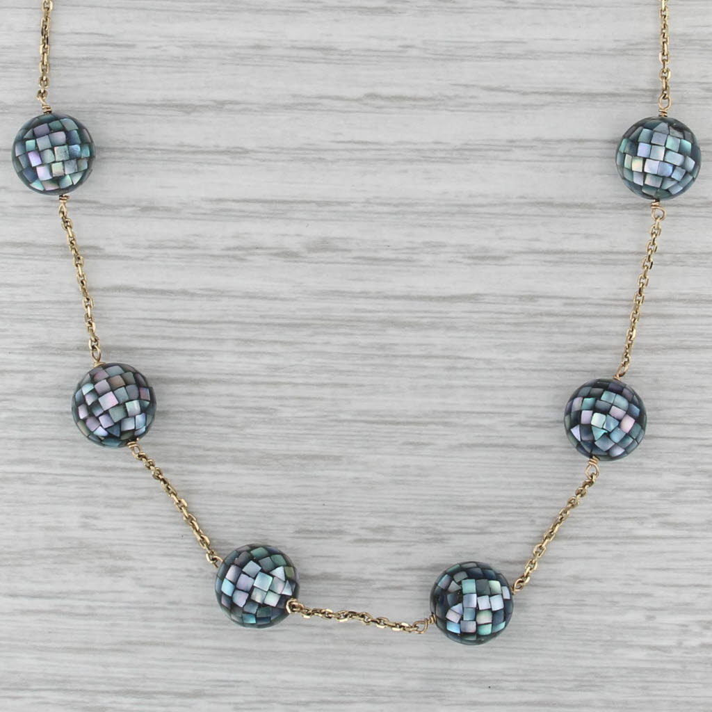 Mother of Pearl Mosaic Bead Station Necklace 14k Yellow Gold 16" Cable Chain