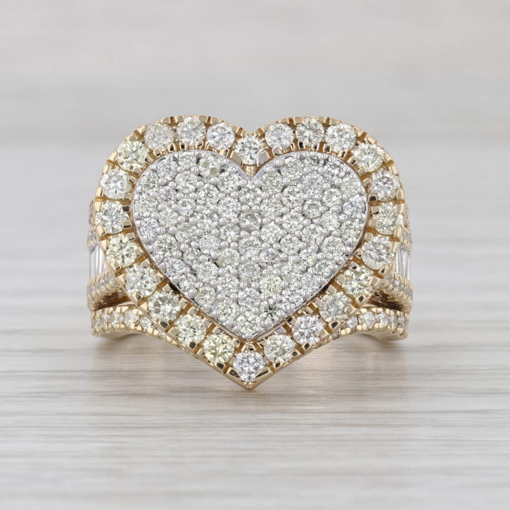 3ctw Pave Diamond Heart Halo Cocktail Ring 10k Yellow Gold Size 8