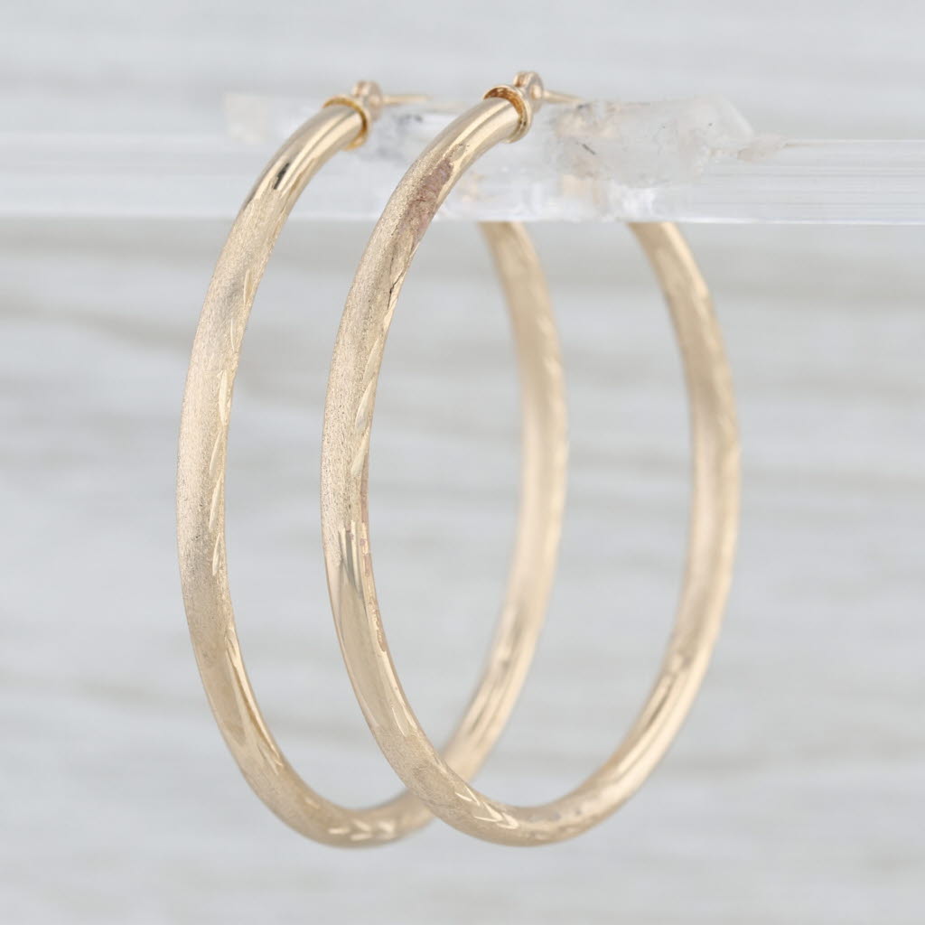 Etched Hoop Earrings 10k Yellow Gold Snap Top Posts Round Hoops 35.4 x 2.3 mm
