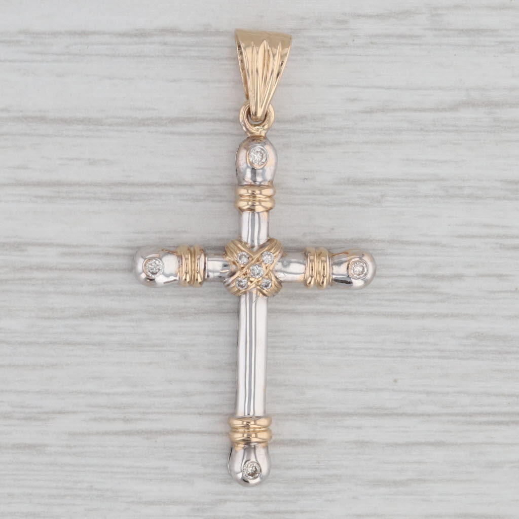 Gray 0.12ctw Diamond Cross Pendant 14k White Yellow Gold Knot Center