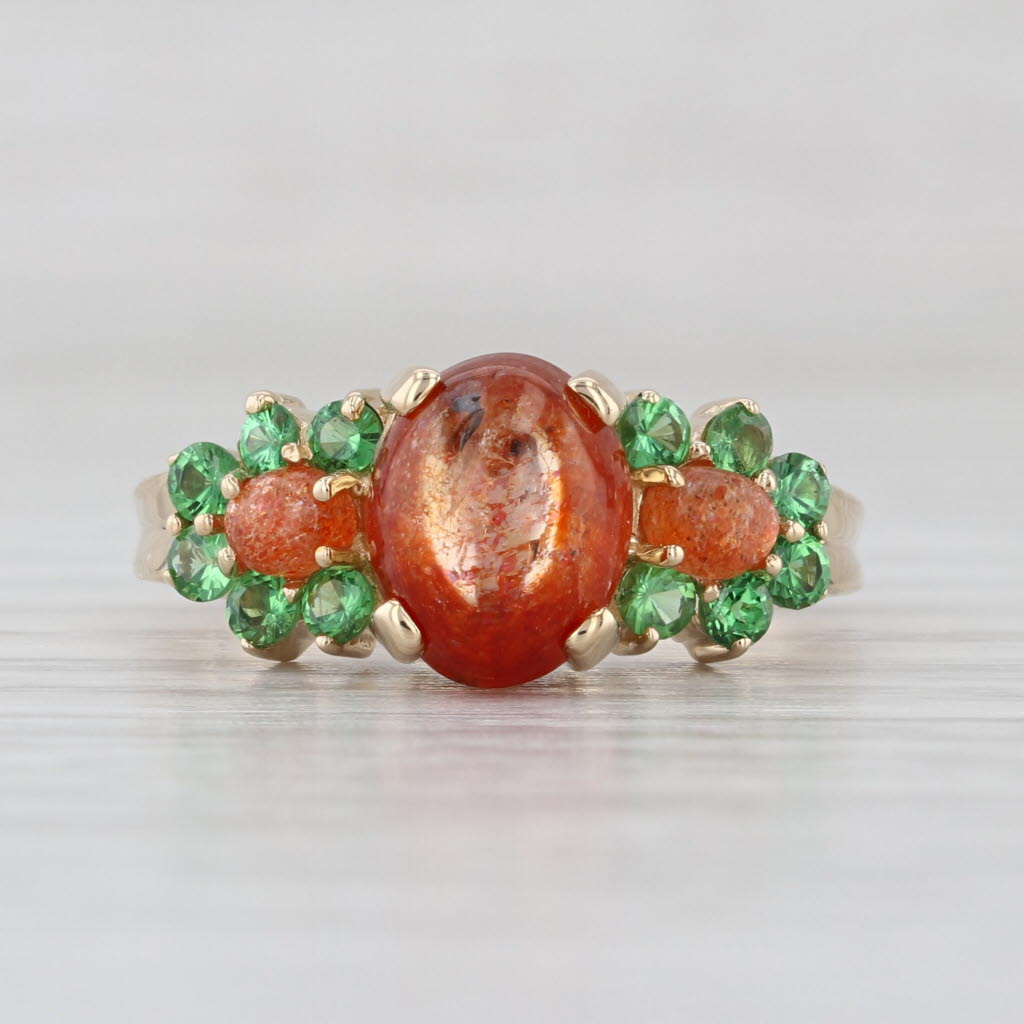Aventurine Feldspare Tsavorite Ring 14k Yellow Gold Oval Cabochons Size 7.75