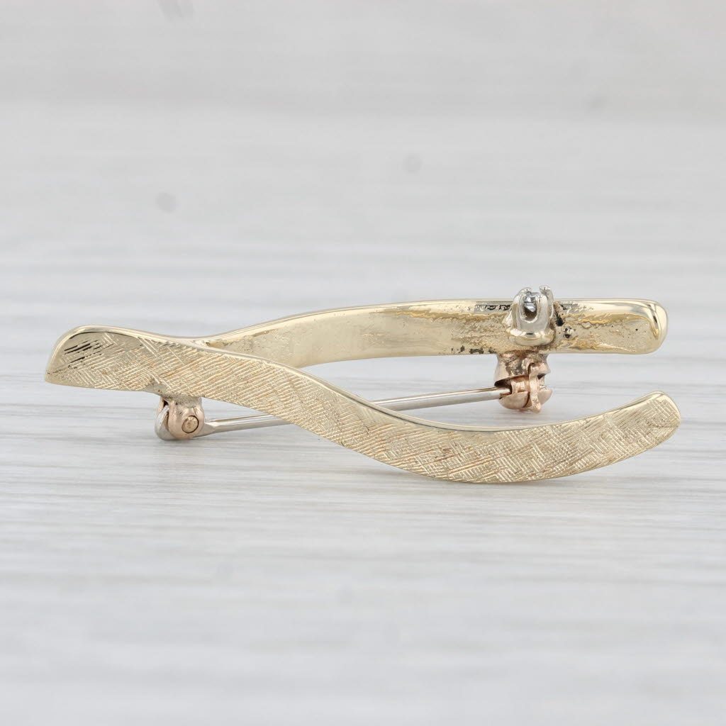 Light Gray Diamond Accent Wishbone Brooch 14k Yellow Gold Pin Good Luck