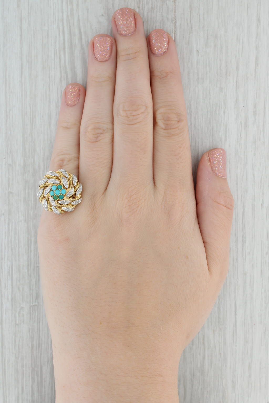 Gray Turquoise Diamond Cluster Cocktail Ring 18k Yellow Gold Size 6.75