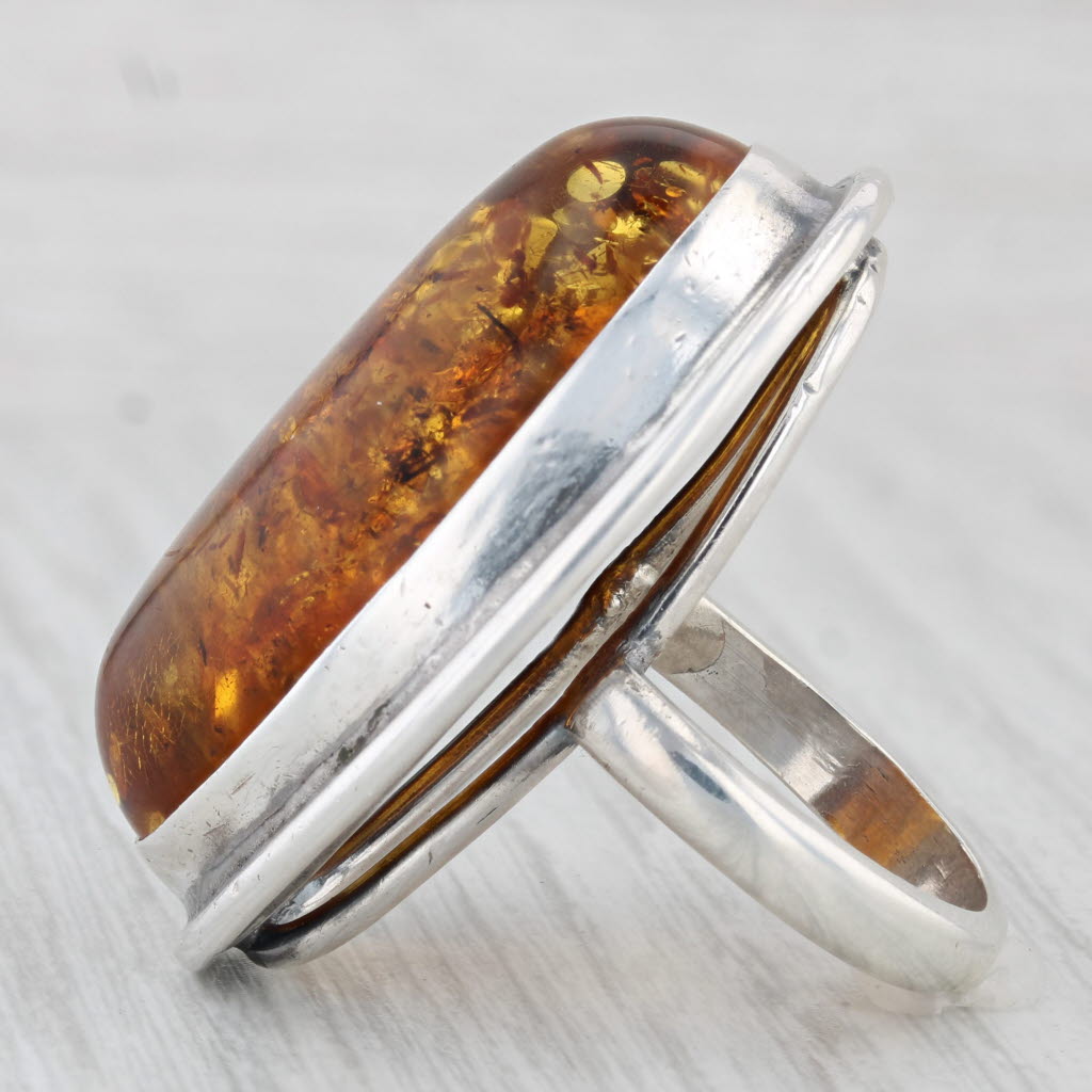 Light Gray Amber Oval Cabochon Statement Ring Sterling Silver Size 7 Handmade