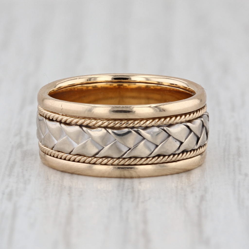 Woven 2-Tone Ring 14k Yellow White Gold Size 5.5 8mm Wide Band