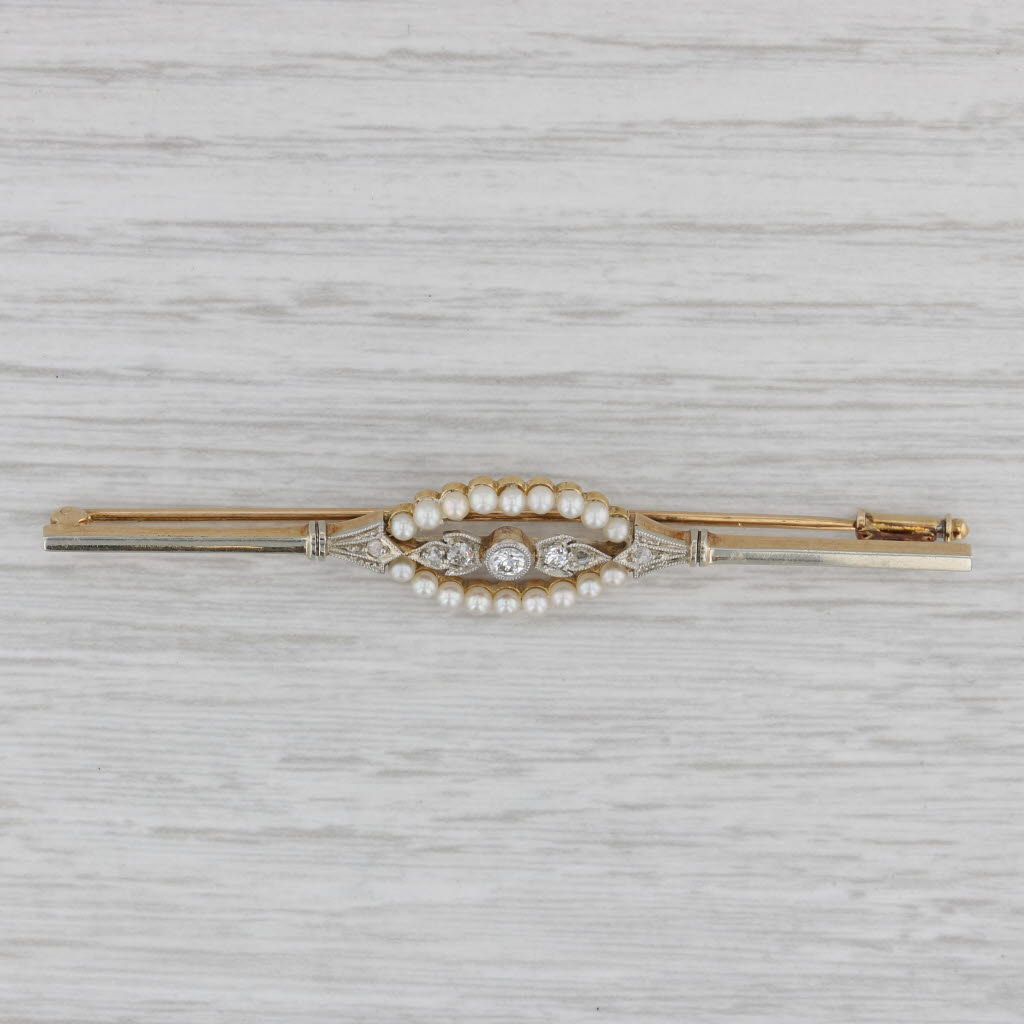 Gray Vintage Pearl Diamond Bar Pin 14k Yellow Gold Brooch