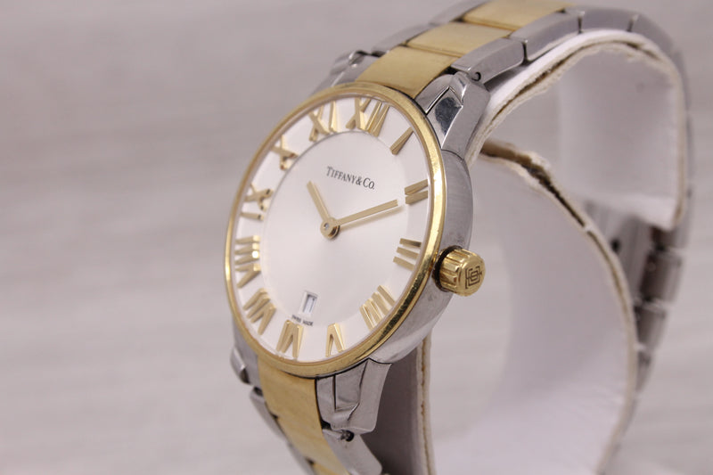 Dark Gray Tiffany & Co Atlas Ladies 29mm Steel & 18k Gold Quartz Wrist Watch w Date