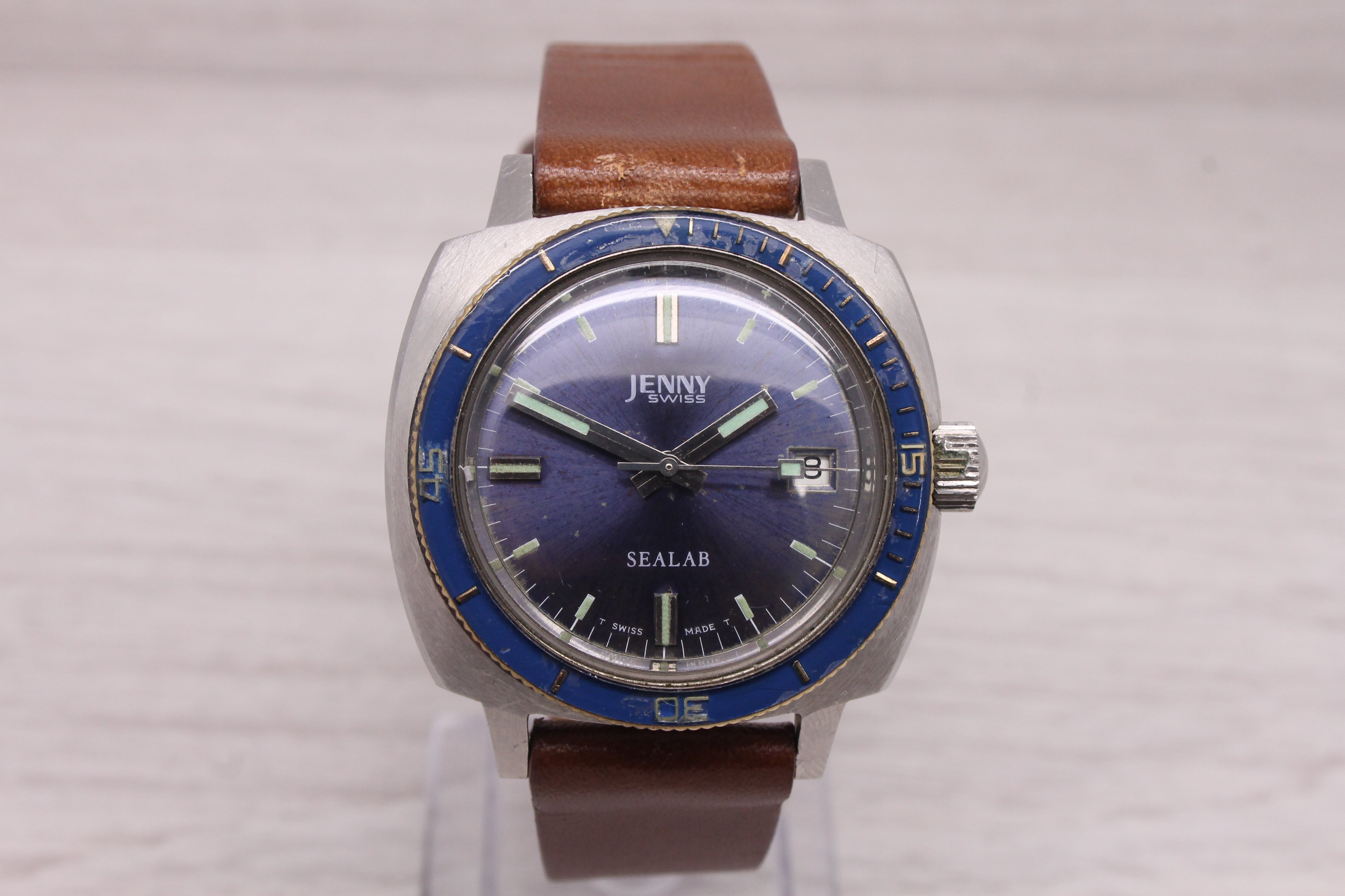 Gray Vintage Jenny Sealab 39mm Stainless Steel Automatic Divers Watch ETA Blue Dial