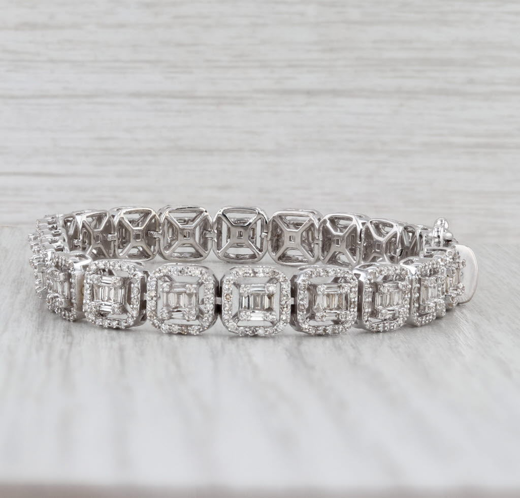 Light Gray 4.05ctw Diamond Halos Tennis Bracelet 10k White Gold 7.75" 7.8mm