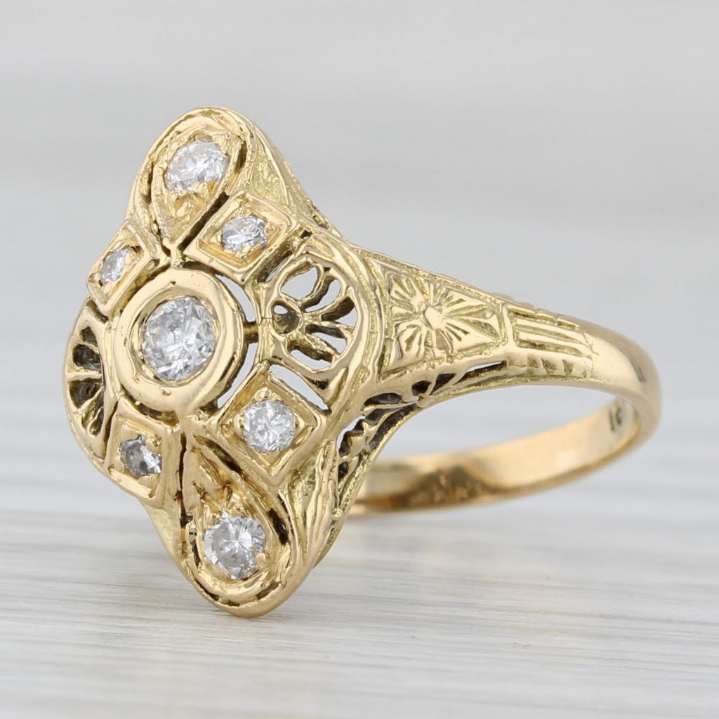 Light Gray Vintage Art Deco 0.24ctw Diamond Filigree Ring 18k Yellow Gold Size 5.25