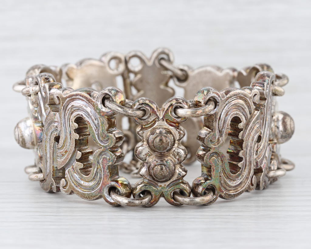 Antonio Pineda Taxco Bracelet 970 Silver Vintage Ornate Statement 7.5" 30mm