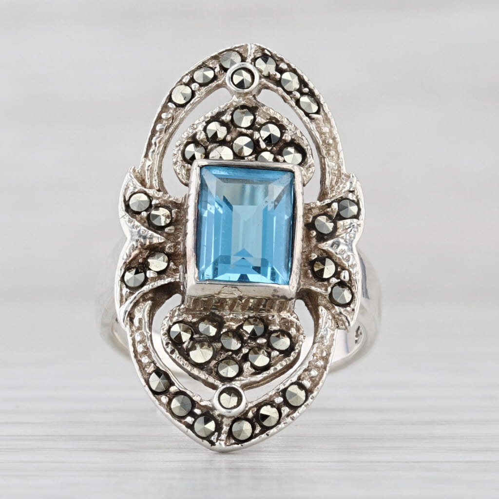 Vintage 1.85ct Blue Topaz Marcasite Cocktail Ring Sterling Silver Size 5.25