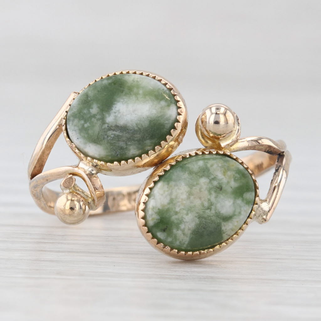 Light Gray Vintage Nephrite Jade Cabochon Bypass Ring 12k Yellow Gold Filled Adjustable