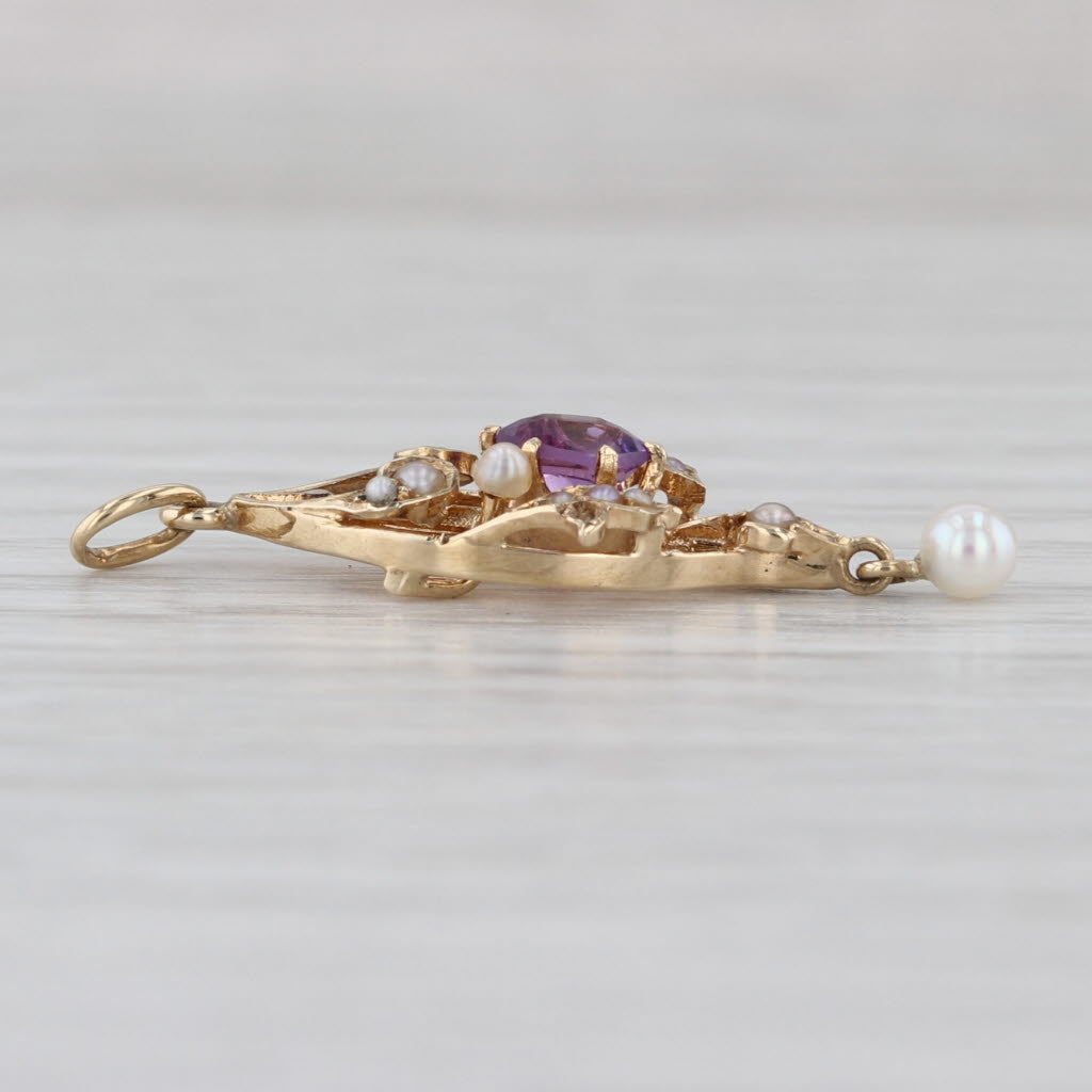 Vintage Seed Pearl 0.26ct Amethyst Pendant 14k Yellow Gold Charm