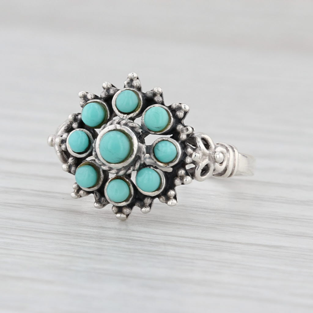 Imitation Turquoise Glass Flower Cluster Ring Sterling Silver Size 8