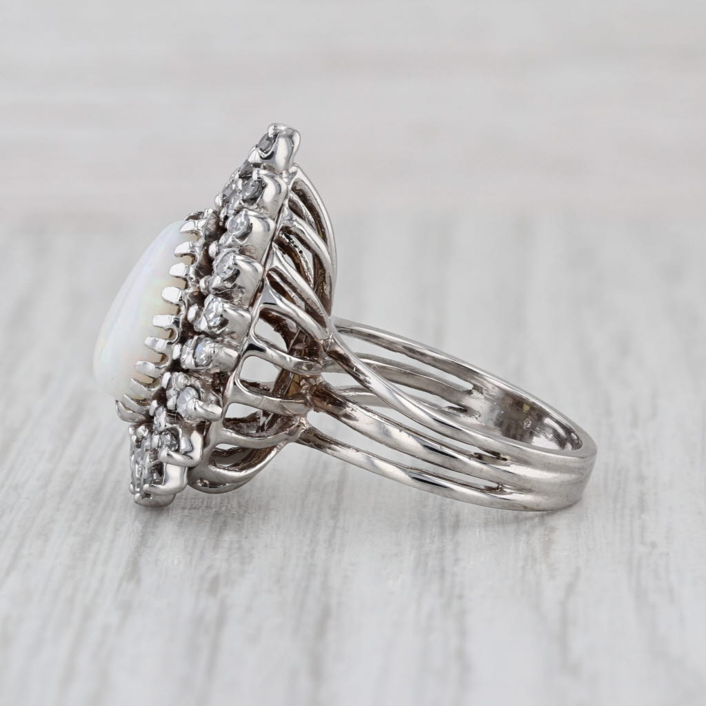 Vintage Pear Opal Diamond Halo Ring 14k White Gold Size 6-6.25 Cocktail