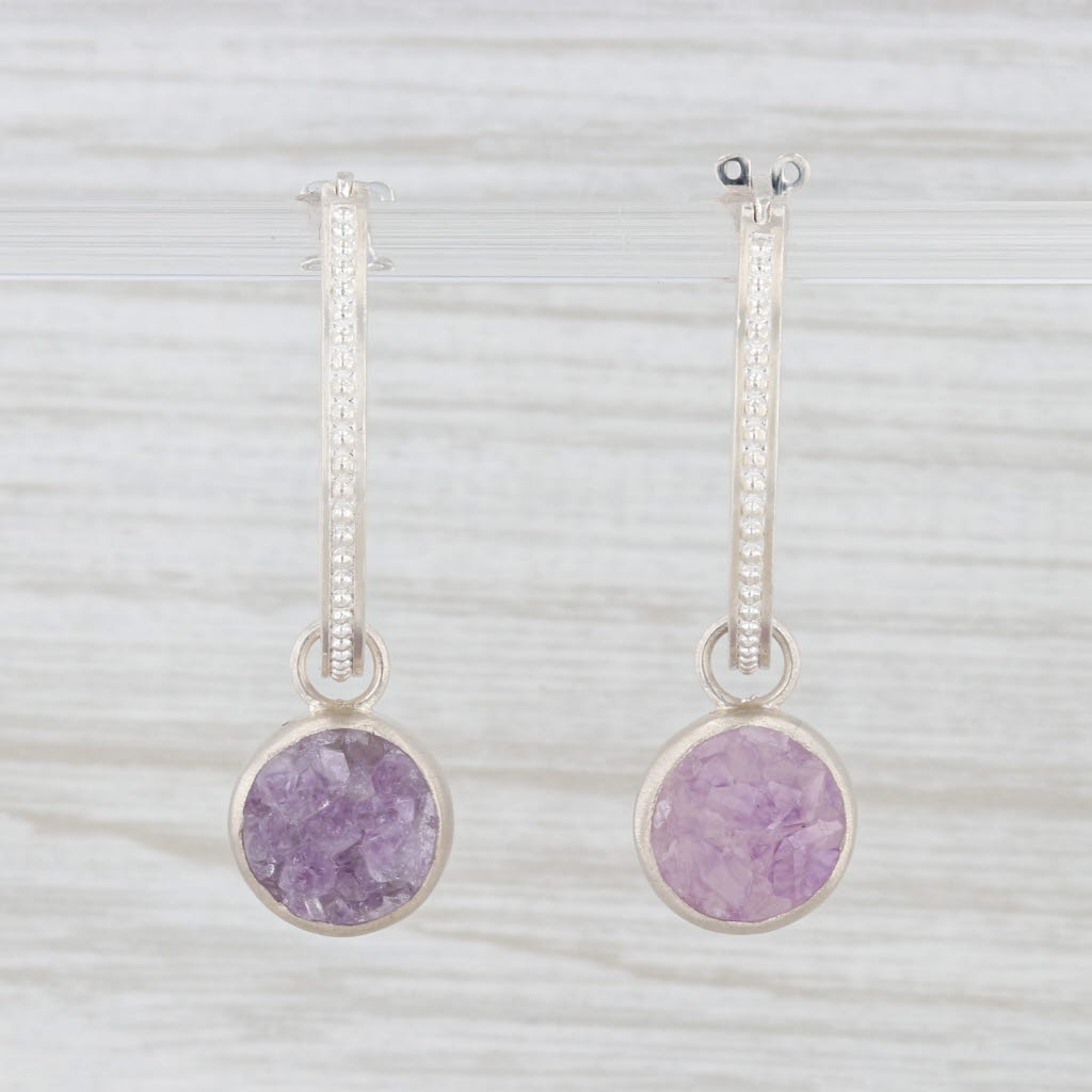 New Nina Wynn Druzy Amethyst Hoops with Charms Earrings Sterling Silver