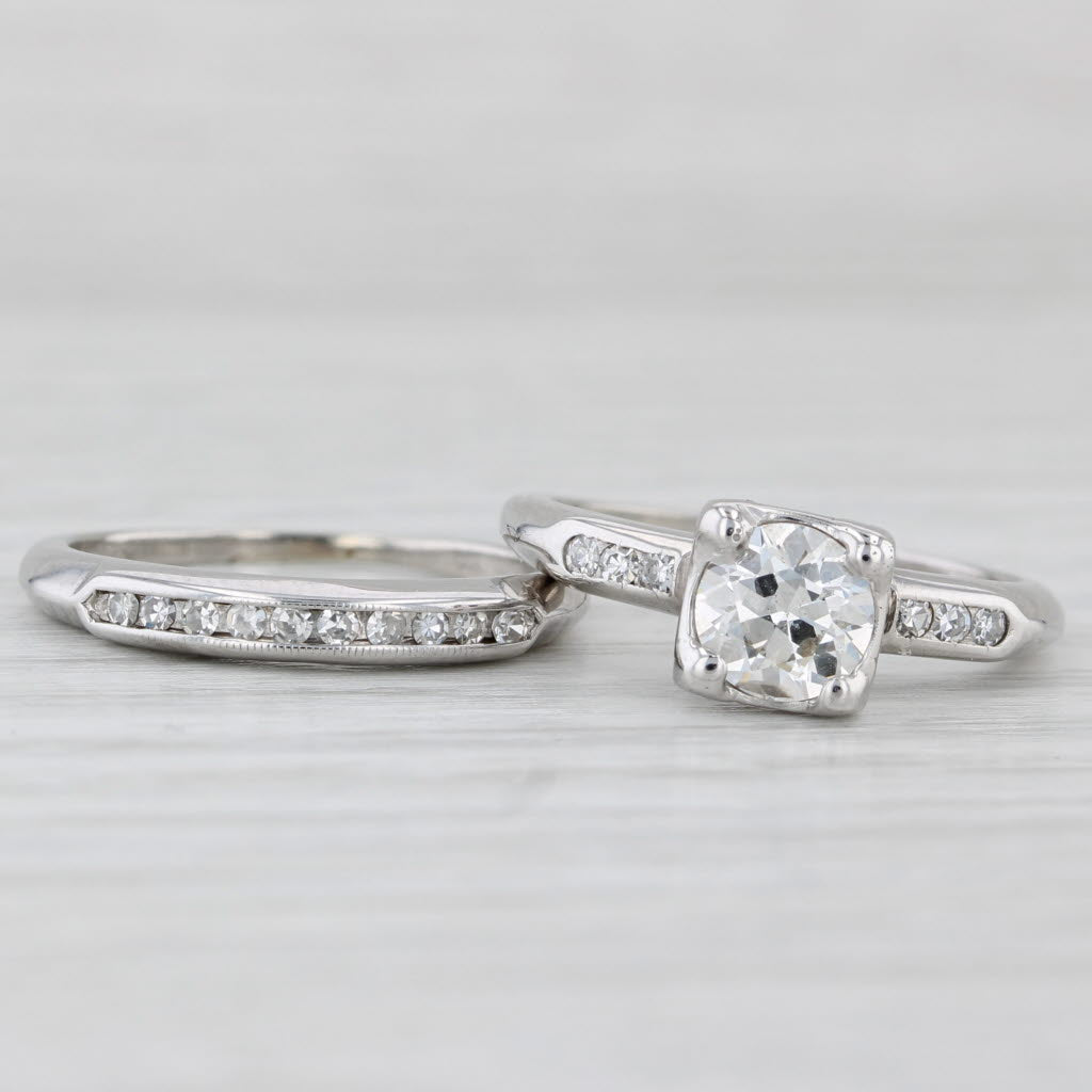 Light Gray Vintage 0.82ctw Diamond Engagement Ring Wedding Band Bridal Set 14k White Gold