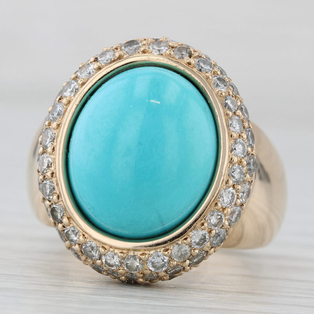 Gray Turquoise Diamond Halo Ring 14k Yellow Gold Size 7 Oval Cabochon