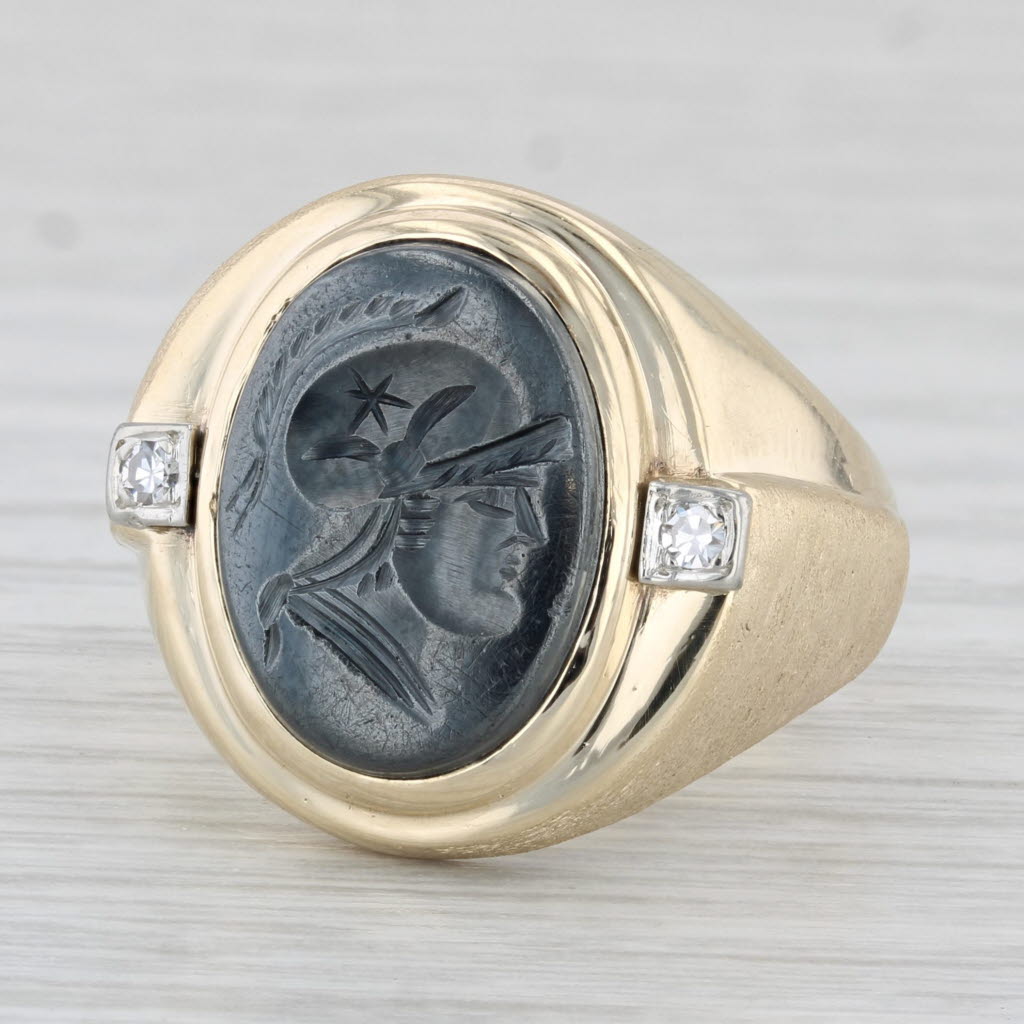 Light Gray Vintage Hematite Intaglio Ring Diamonds 10k Gold Size 9.5 Men's Signet