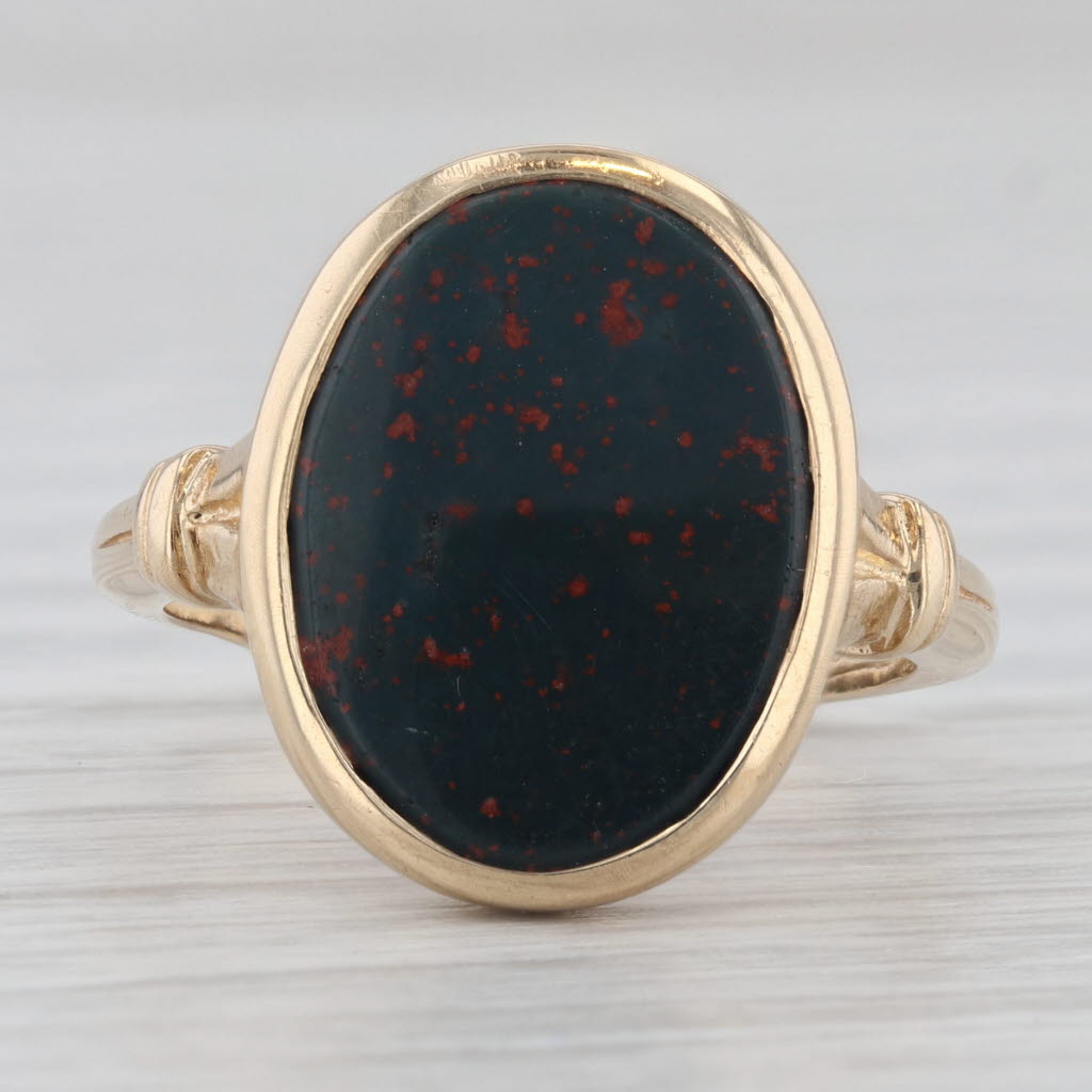 Light Gray Green Red Bloodstone Oval Solitaire Ring 10k Yellow Gold Size 7.5