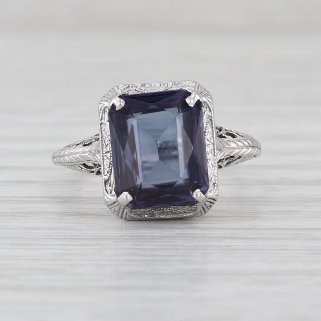 Art Deco 3.90ct lab Created Color Change Sapphire Solitaire Ring 18k White Gold