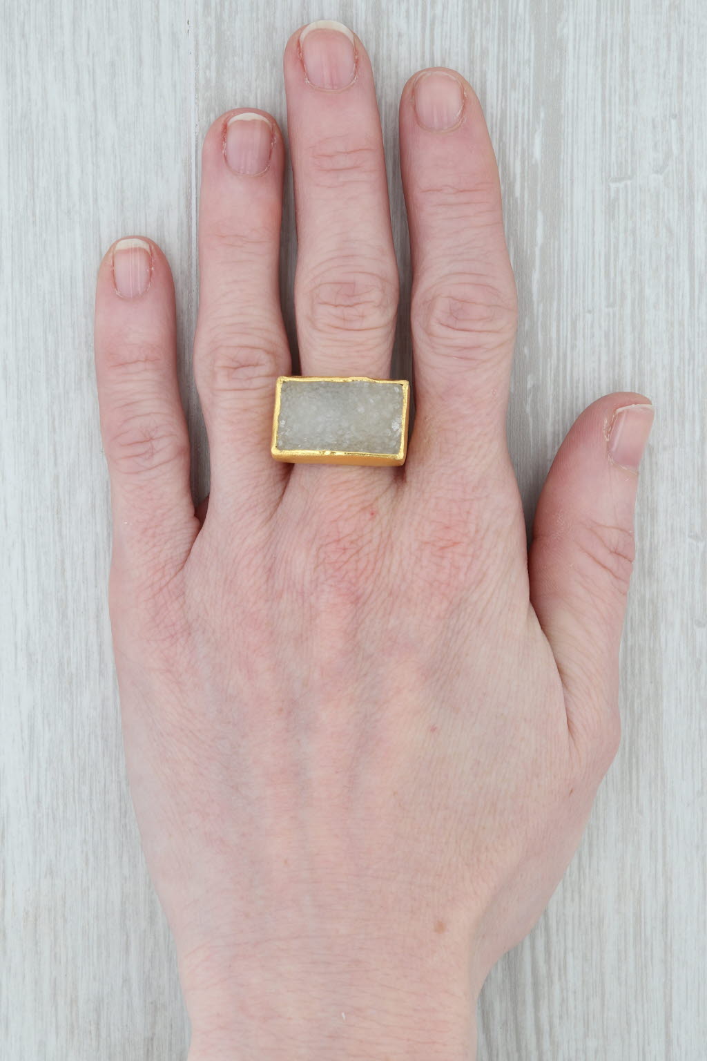 New Nina Wynn White Druzy Quartz Ring Sterling Silver 22k Gold Vermeil Size 6
