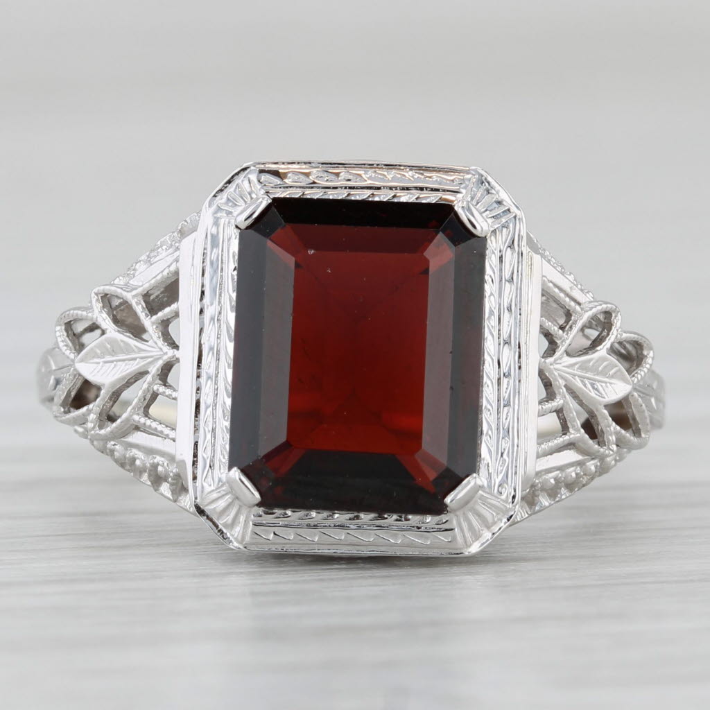 Light Gray 3.90ct Garnet Solitaire Ring 14k White Gold Filigree Size 5.25