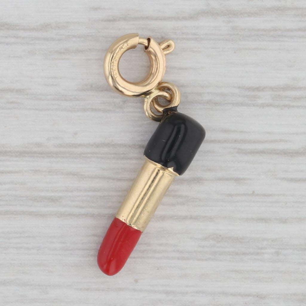 Gray Lipstick Charm 14k Yellow Gold Enamel Makeup Pendant