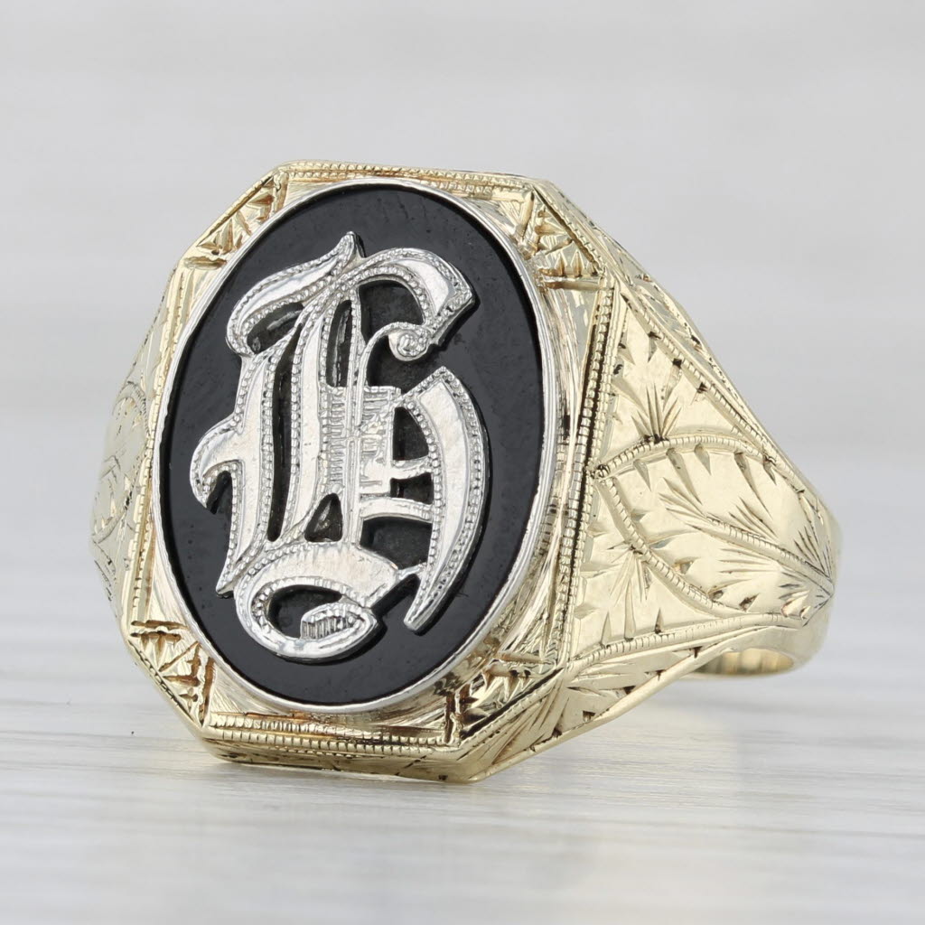 Light Gray Vintage Ornate Old English Letter "G" Onyx Signet Ring 14k Gold Size 12