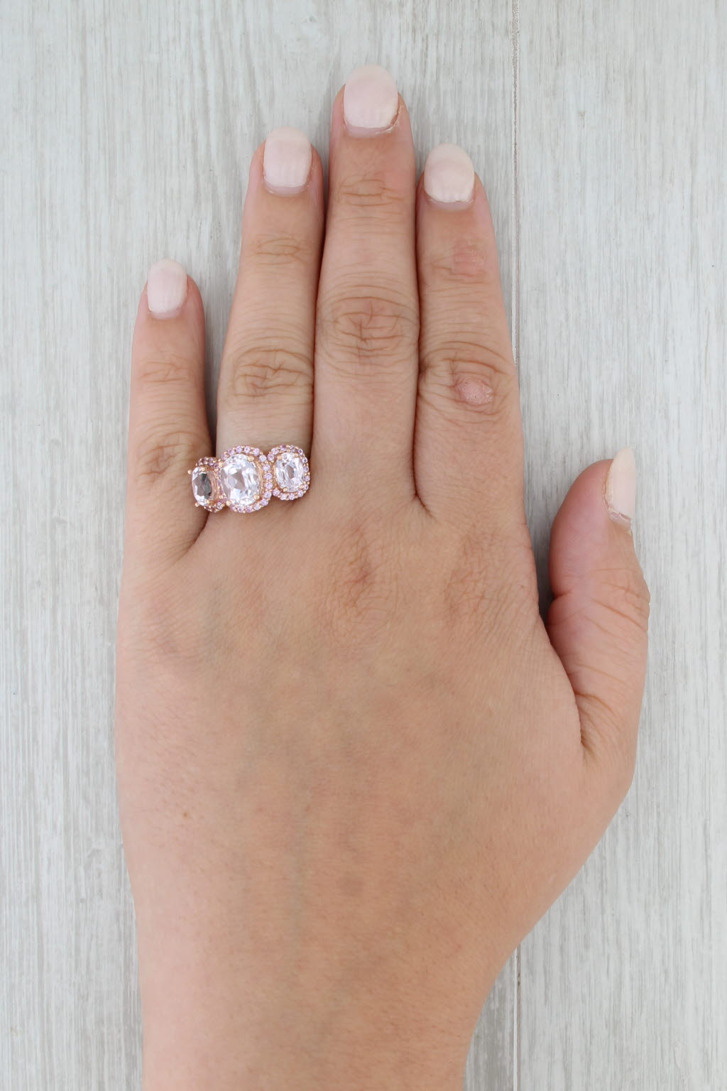 5ctw Pink Oval Kunznite Sapphire Halo 3-Stone Ring 10k Rose Gold Size 7.75