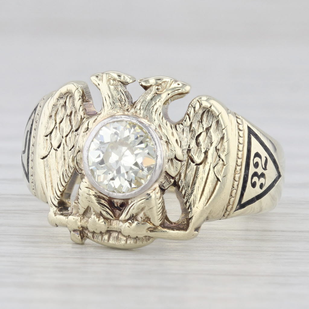 Light Gray 1ct Diamond Masonic Scottish Rite Ring 14k Gold Eagle Yod 32nd 14th Degree