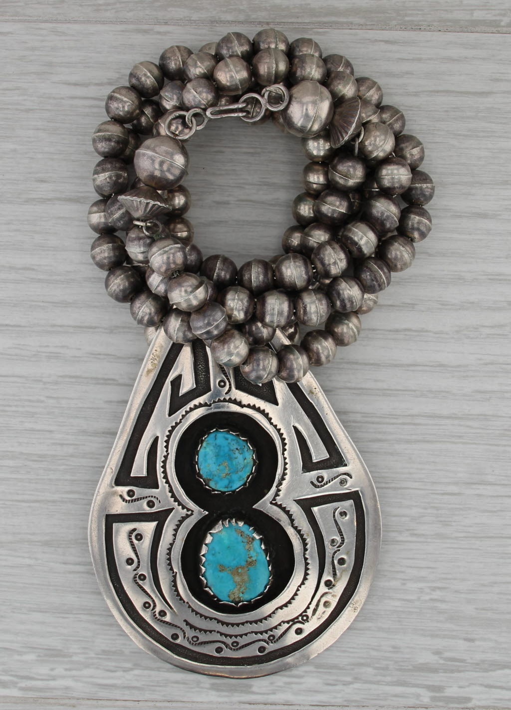 Turquoise Tribal Pendant Bead Necklace Sterling Silver Native American