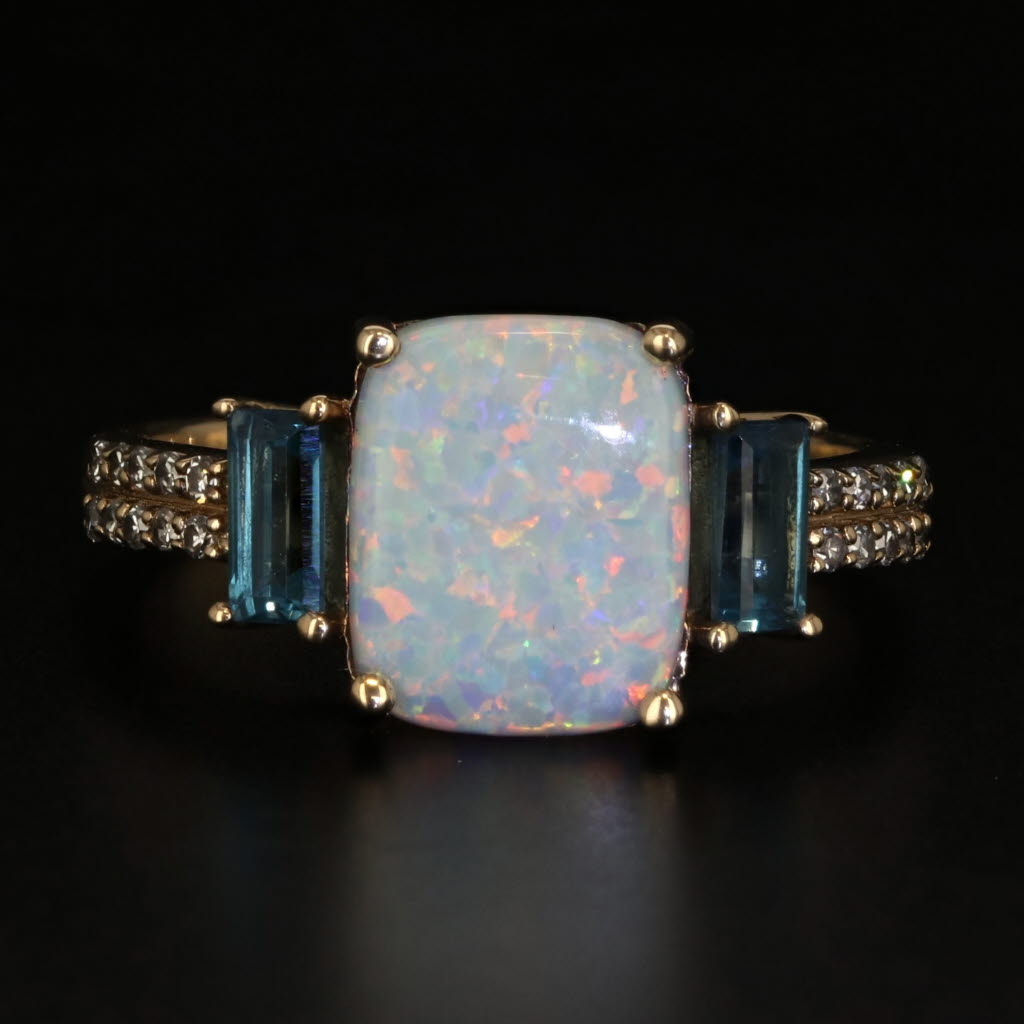 Black Lab Created Opal Blue Topaz Diamond Ring 10k Yellow Gold Size 7