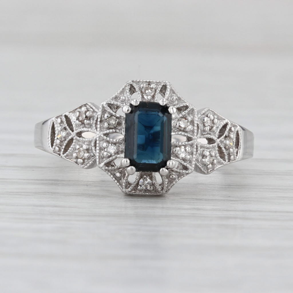 0.72ctw Emerald Cut Sapphire Diamond Halo Ring 10k White Gold Size 6