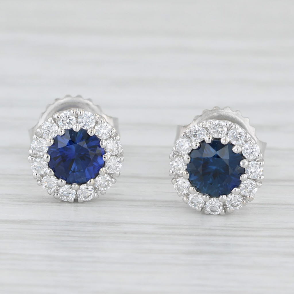 Light Gray 1.32ctw Blue Sapphire Diamond Halo Stud Earrings 18k White Gold