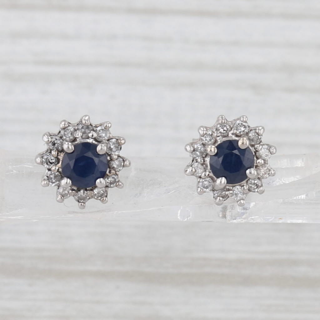 0.75ctw Blue Sapphire Diamond Halo Stud Earrings 14k White Gold Round Studs