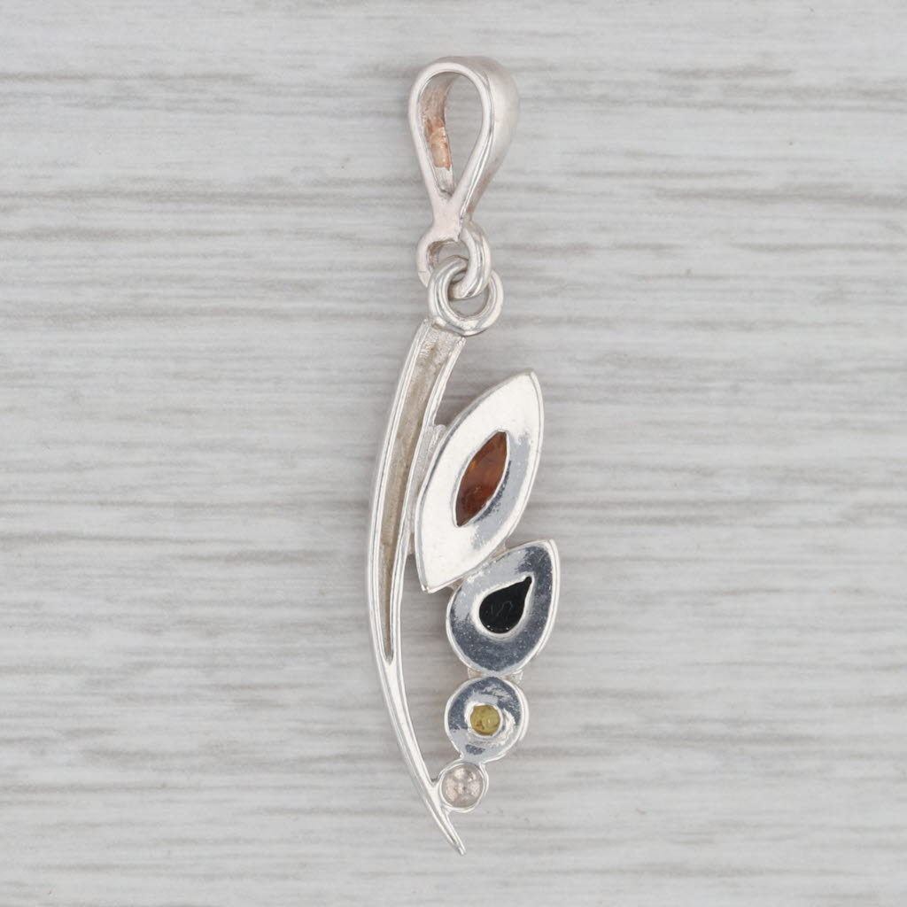 Gray Multicolor Amber Cabochon Abstract Drop Pendant Sterling Silver