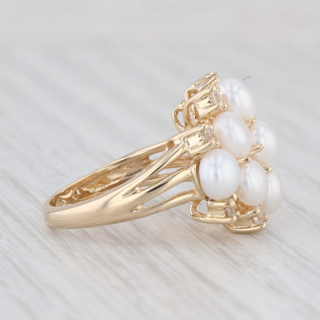 Light Gray Cultured Pearl Cluster Cubic Zirconia Ring 14k Yellow Gold Size 5.25