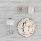 New Cultured Pearl Carved Flower Diamond Stud Earrings 14k White Gold Galatea