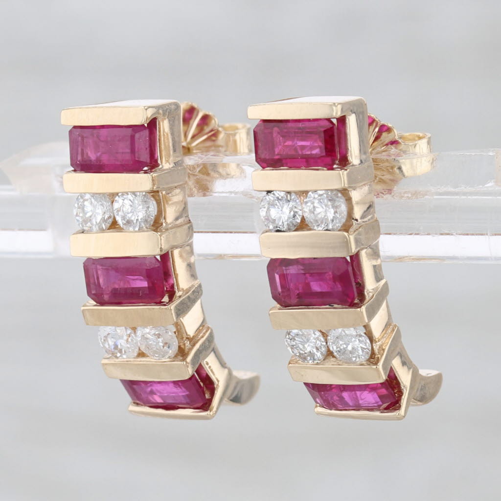 2.40ctw Ruby Diamond Journey J-Hook Earrings 14k Yellow Gold Drops