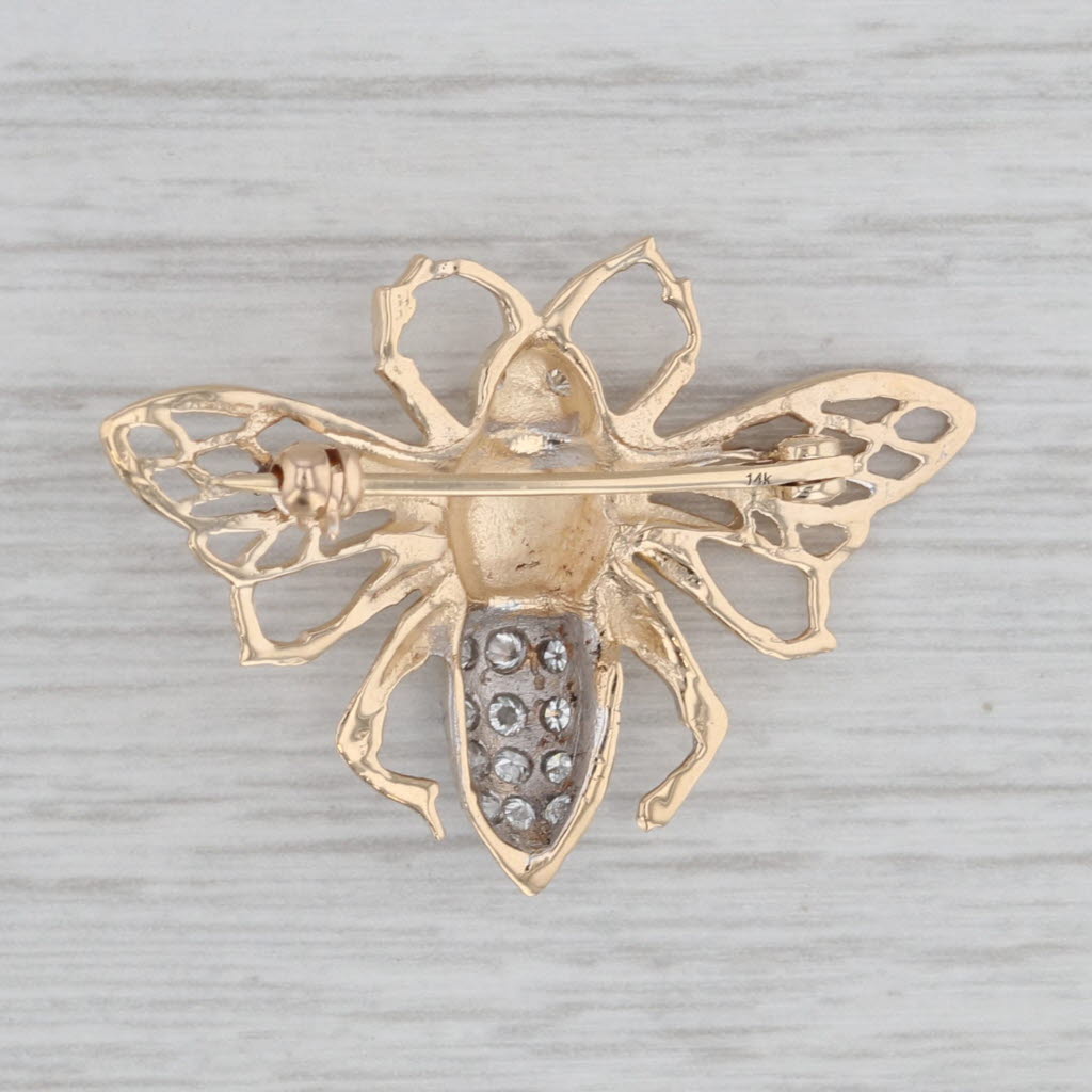 Gray 0.30ctw Diamond Bee Pin 14k Yellow White Gold Insect Brooch