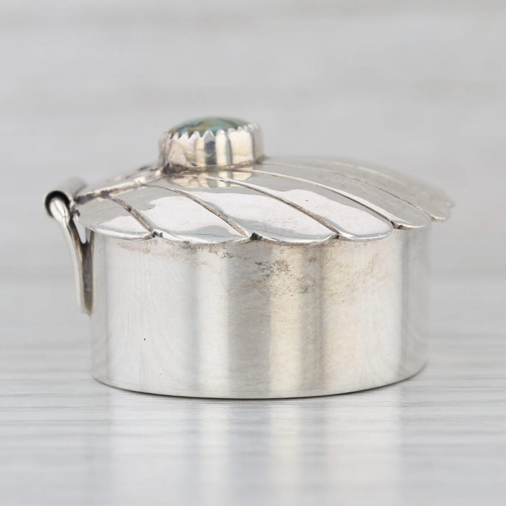 Sterling Silver Turquoise Shell Snuff / Pill Box Engravable Vintage Opens