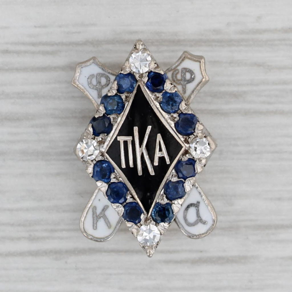 Gray Pi Kappa Alpha Fraternity Pin 14k White Gold Sapphire Enamel PIKE Badge